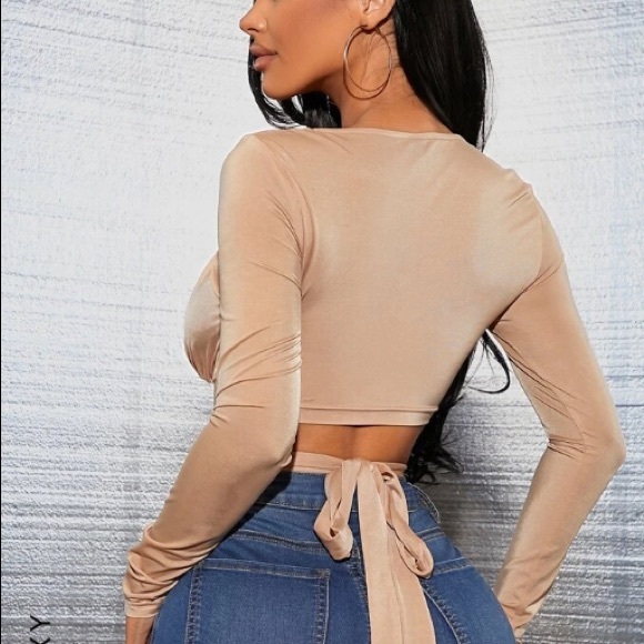 Cream Slinky Crop Top with Ruching and Tie Up Waist - Picture 3 of 3